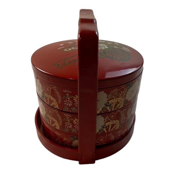 Vintage Retro Bento Box Red Enamel Floral  3 Pieces Lid and Holder - Picture 4 of 14